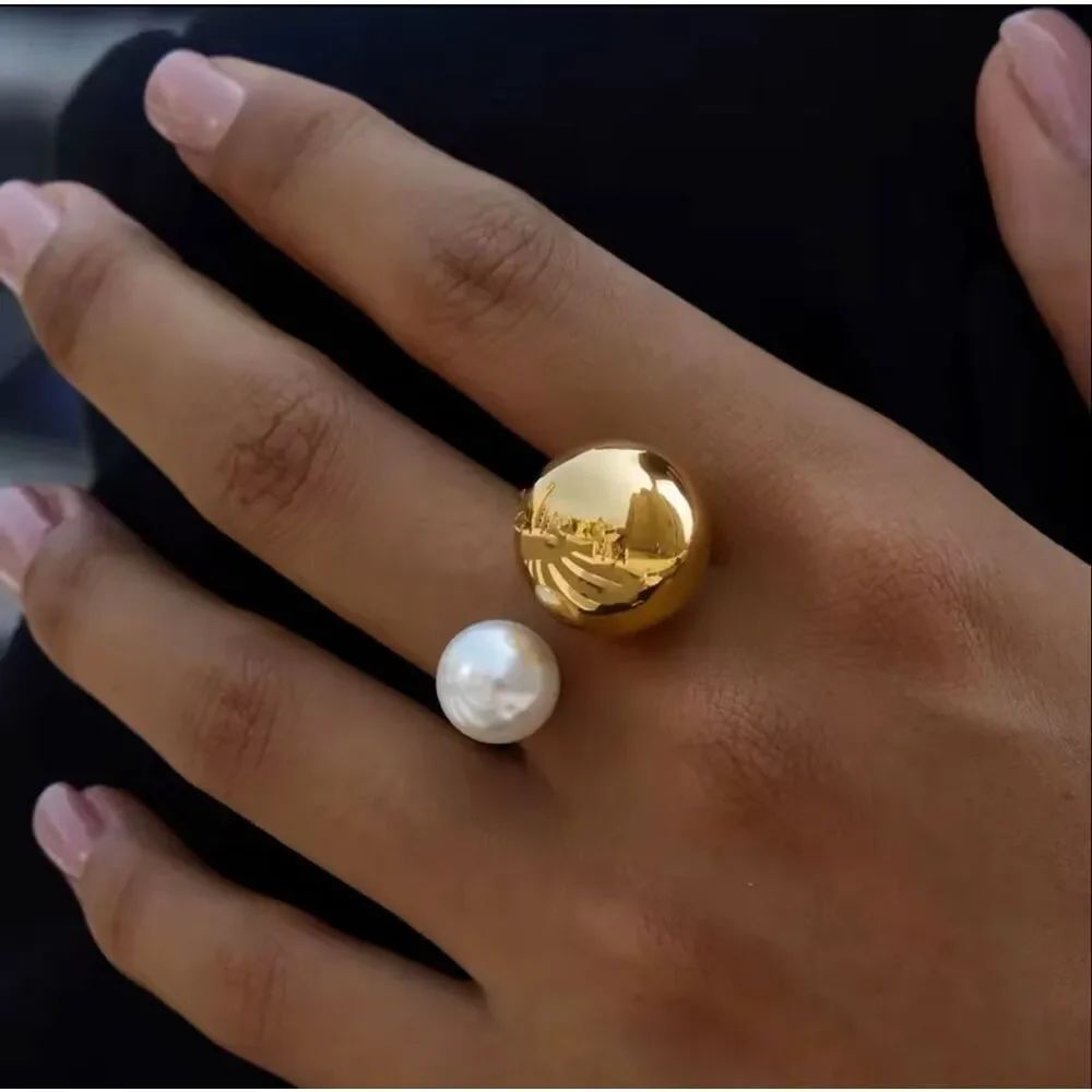 Zara Gold Tone Open Ring Pearl Ball Statement Adjustable Modern Minimalist NWOT